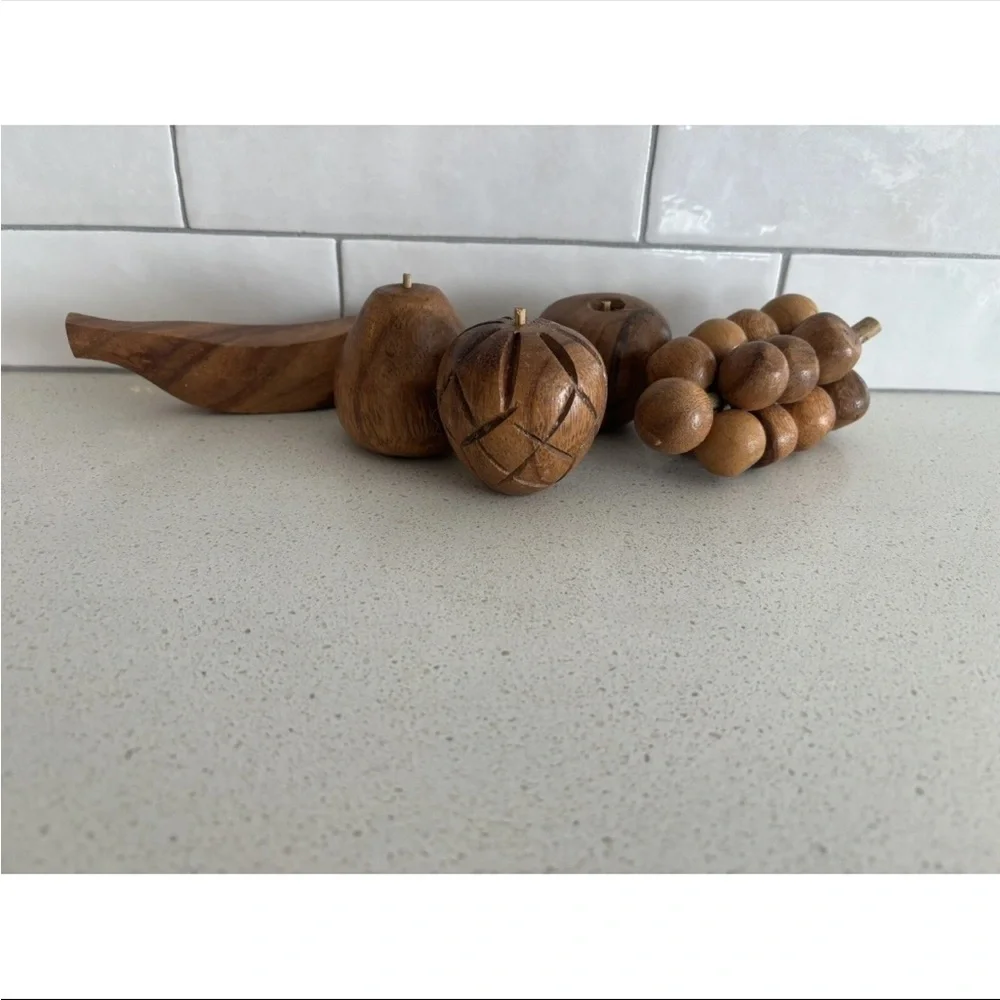Vintage Hand Carved Wooden Fruit- 5 PIECE SET - Great Display Mid Century Modern